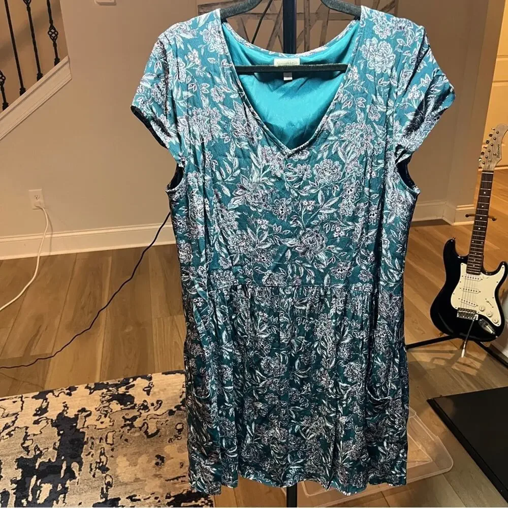 Garnet Hill 14 Teal Floral Women's Dress Pockets Paisley Boho